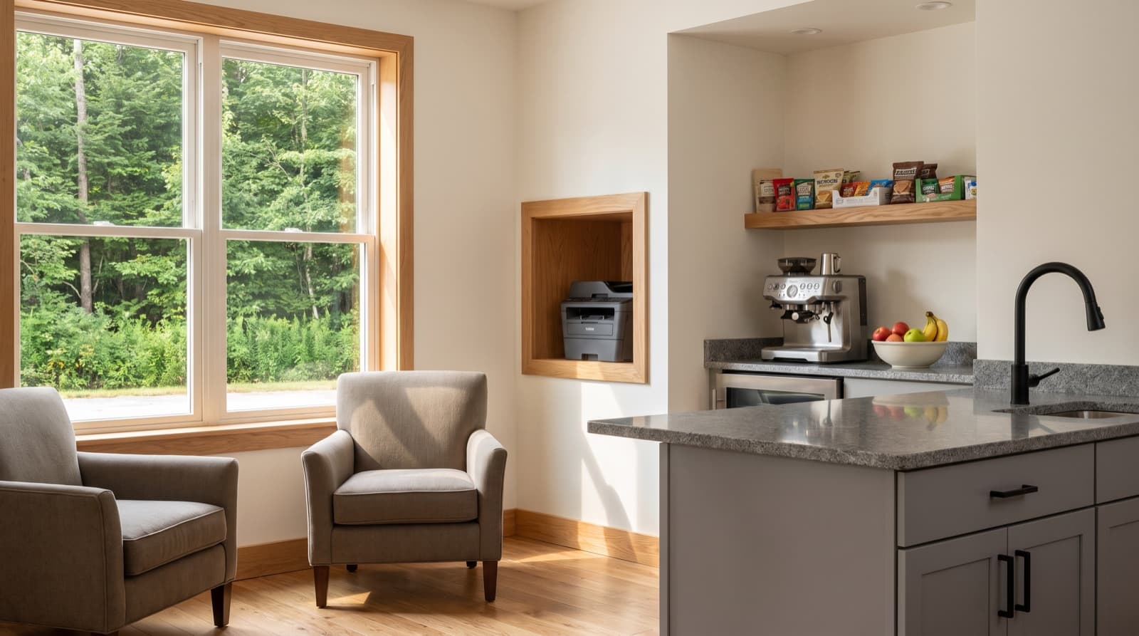 Concept rendering of the shared kitchenette: coffee bar, fruit bowl, and snack shelf