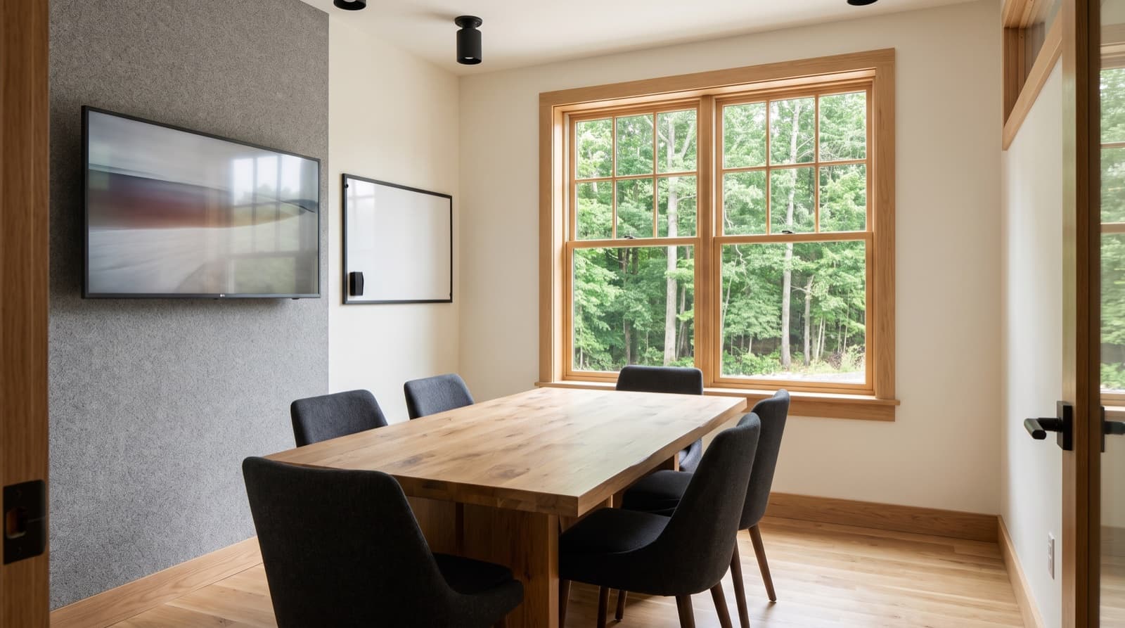 Concept rendering of the shared conference room: oak table for six and a wall screen for video calls